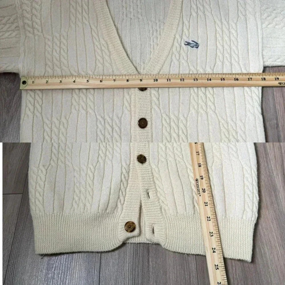 Vintage cream cable  knit Crocodile logo embroidered 100% soft wool cardigan - Picture 2 of 7